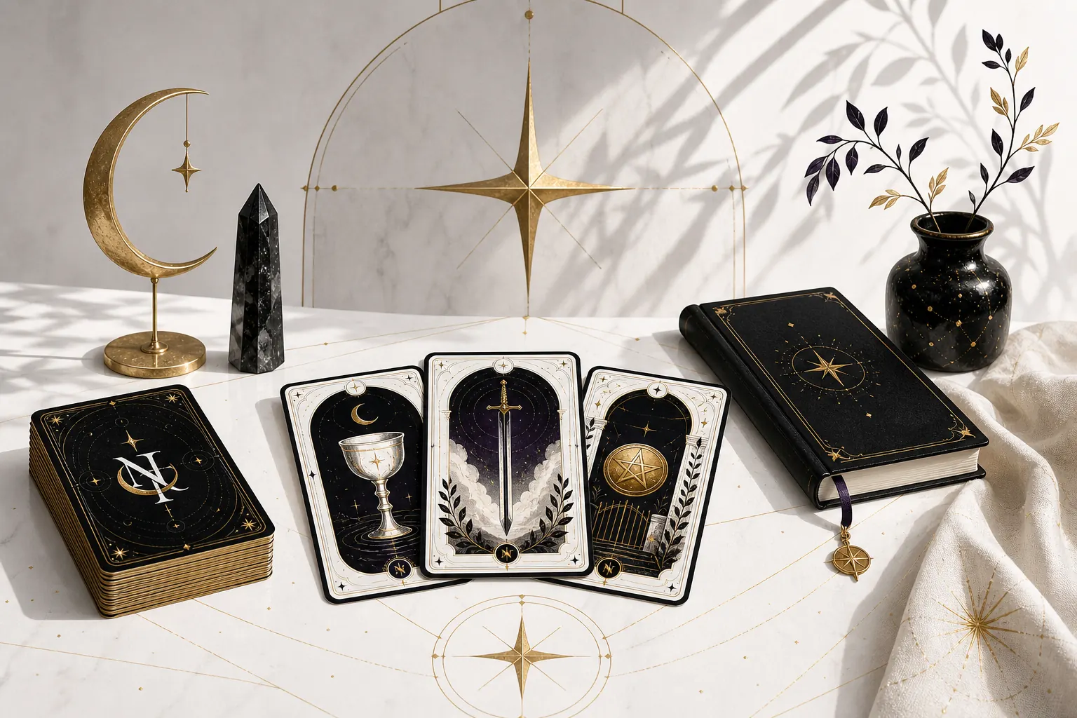 Heller Tisch mit Nox-Tarotkarten, goldenem Mond, Stern und symbolischen Gegenständen