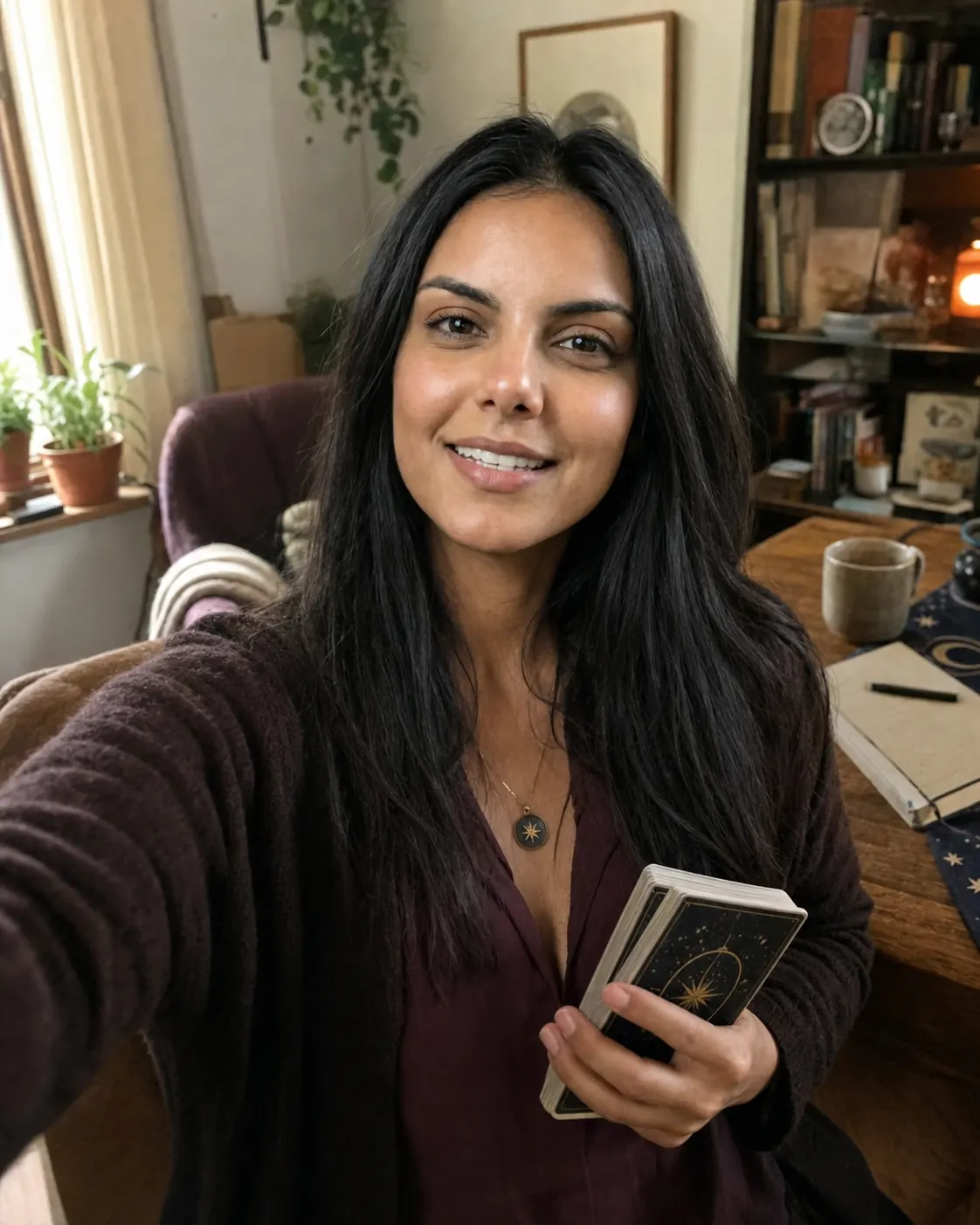 Helena Luz in ihrem Beratungsraum mit einem Tarotkartendeck in der Hand