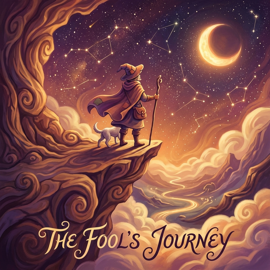 The Fool's Journey - A Leap of Faith The Fool standing on a precipice under a starry sky, symbolizing the beginning of a spiritual journey and the leap of faith required for self-discovery.